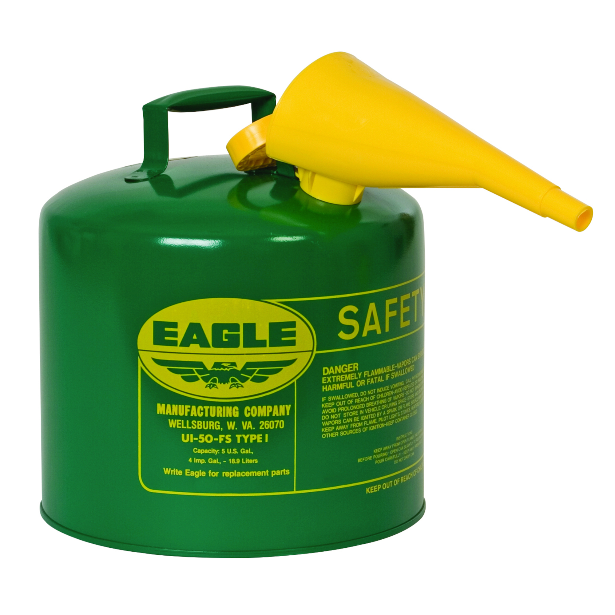 Eagle Type I Safety Can for Combustibles — 5 Gallon, Flame Arrester, Funnel, Green, Model# UI50FSG